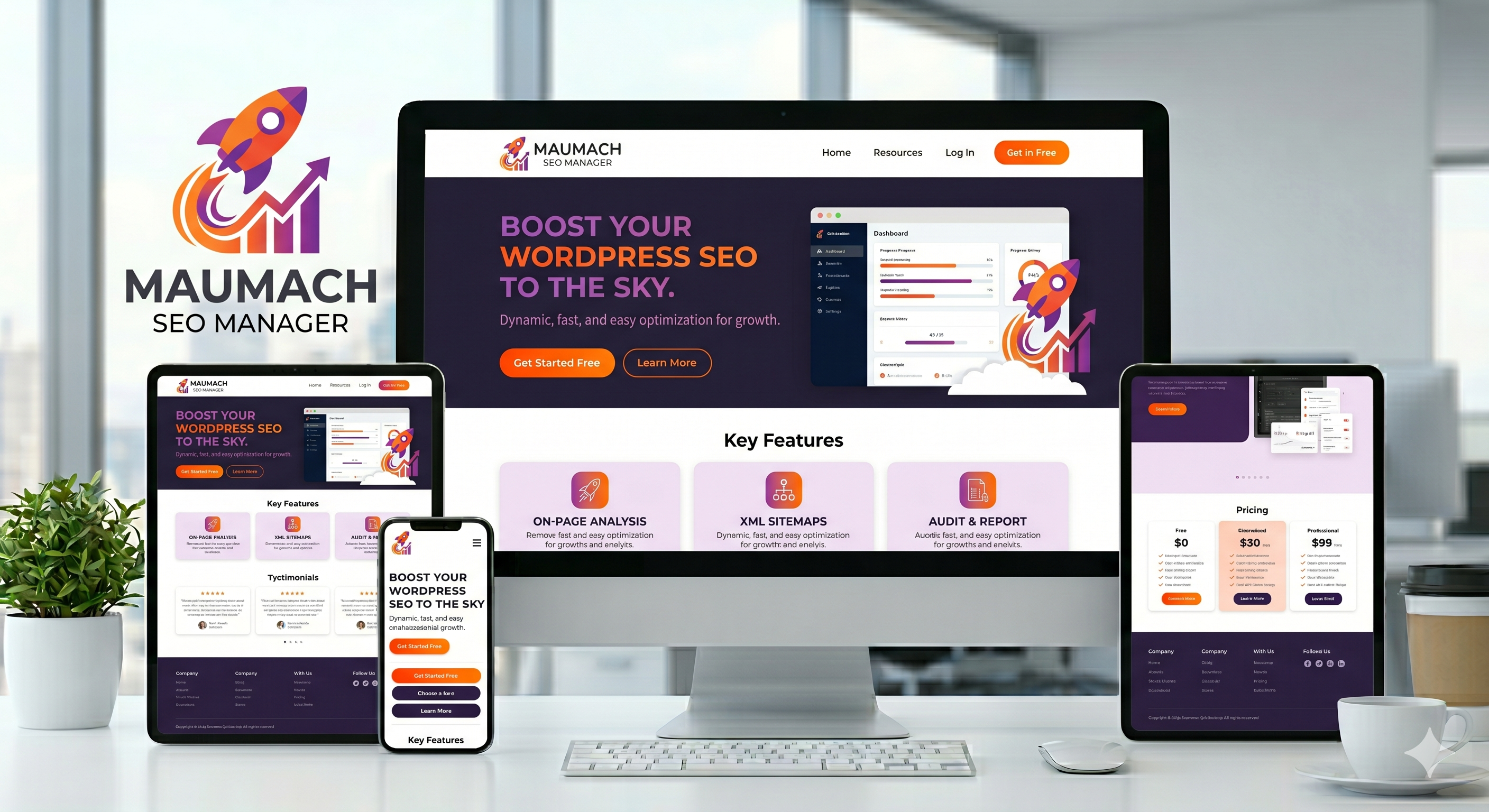 Maumach SEO Manager view on desktop, tablet and mobile